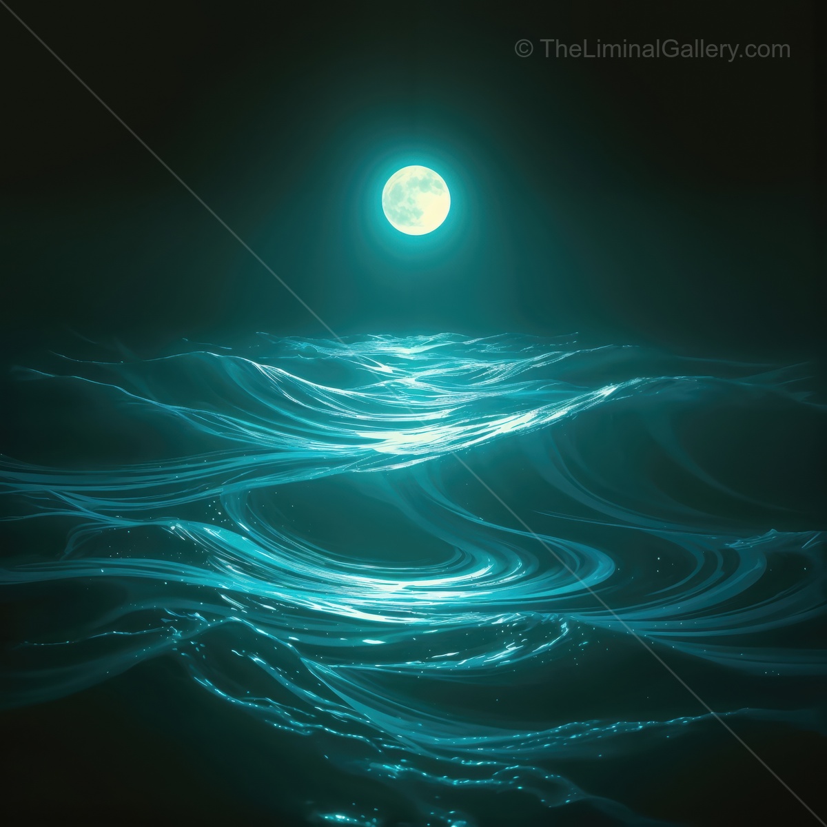 Mysterious nocturnal ocean waves illuminated by an ethereal moonlight glow
