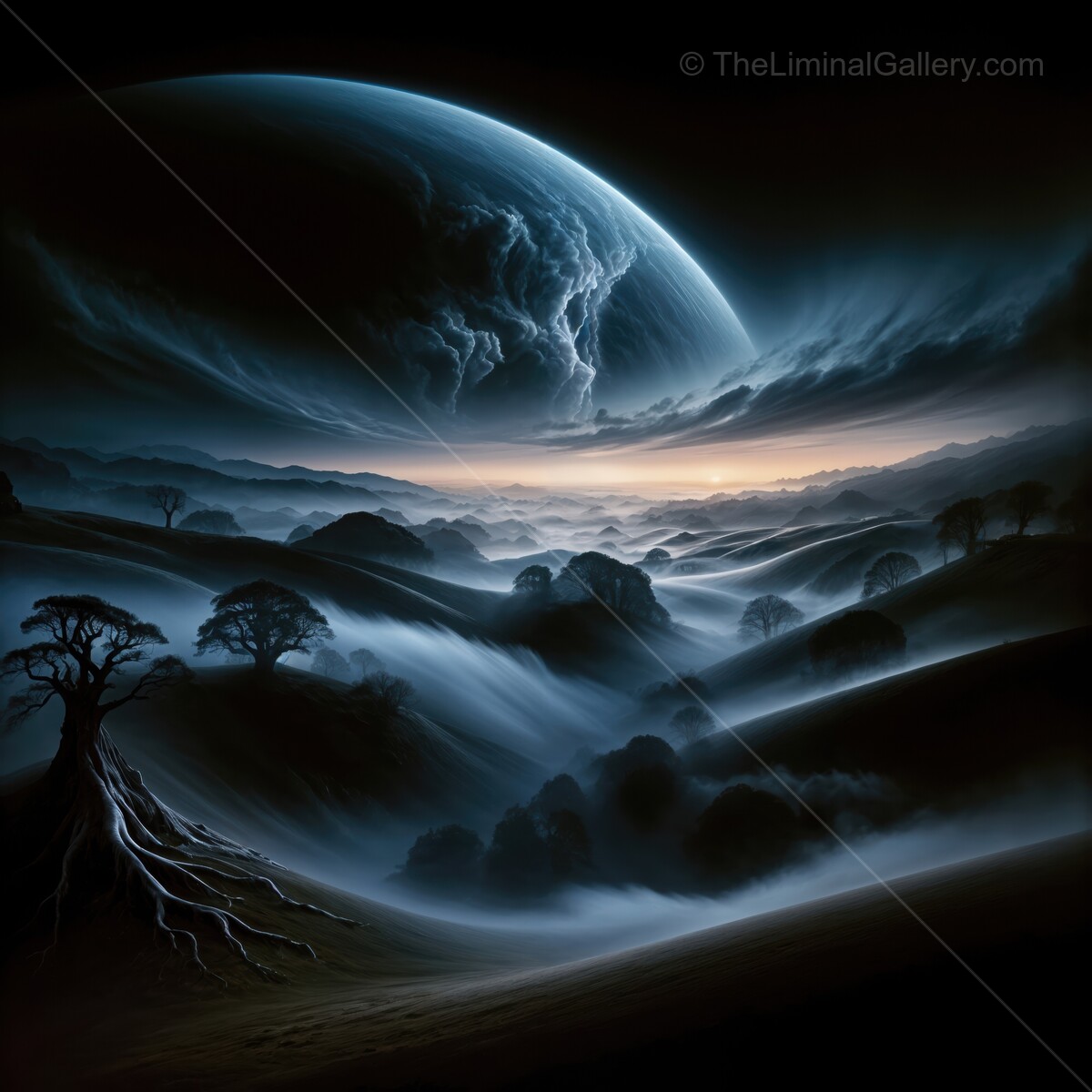 Mystical liminal landscape illuminated by an otherworldly glow and shadowy trees at dusk