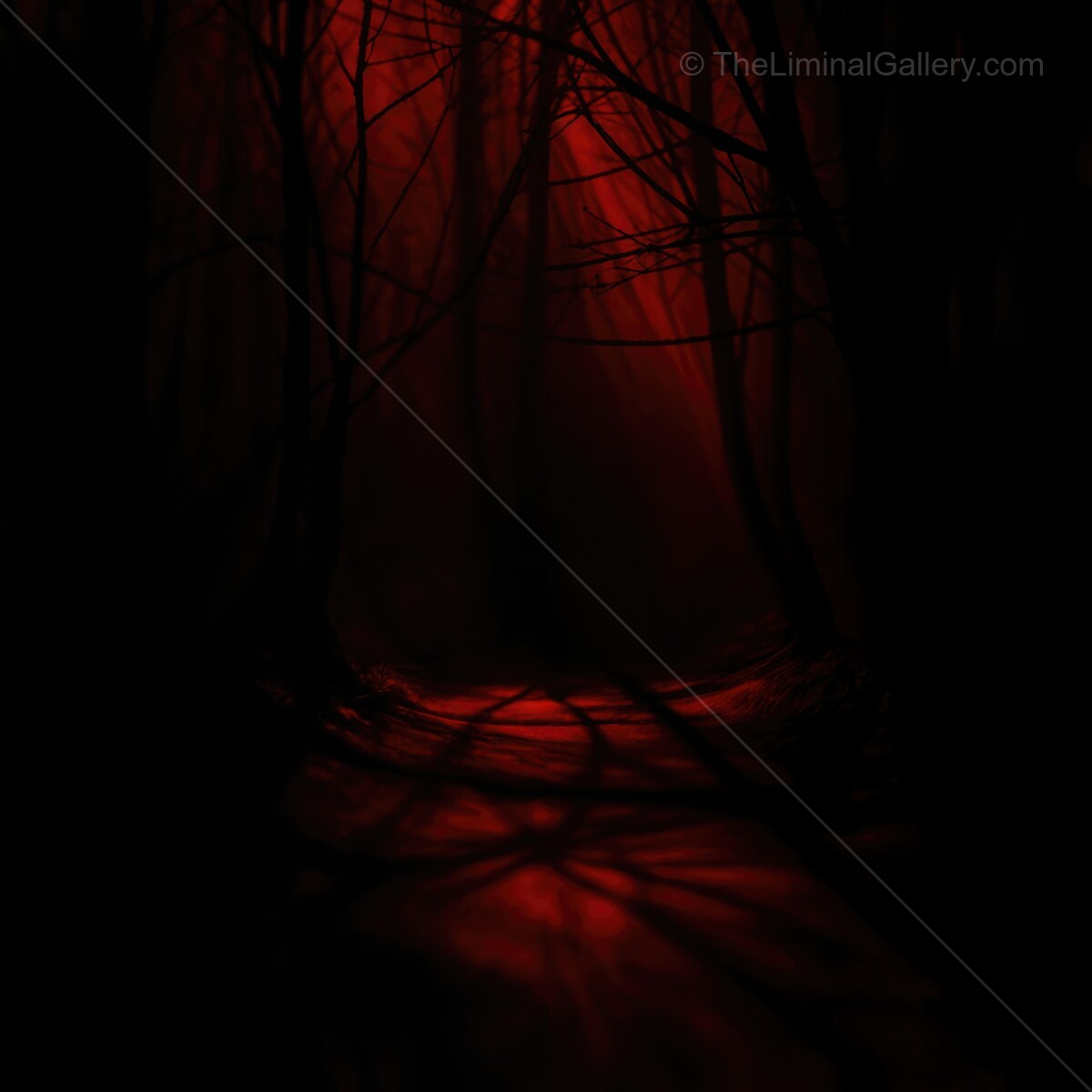 Mysterious red-lit forest path shrouded in shadows and enveloped in an eerie atmosphere at twilight