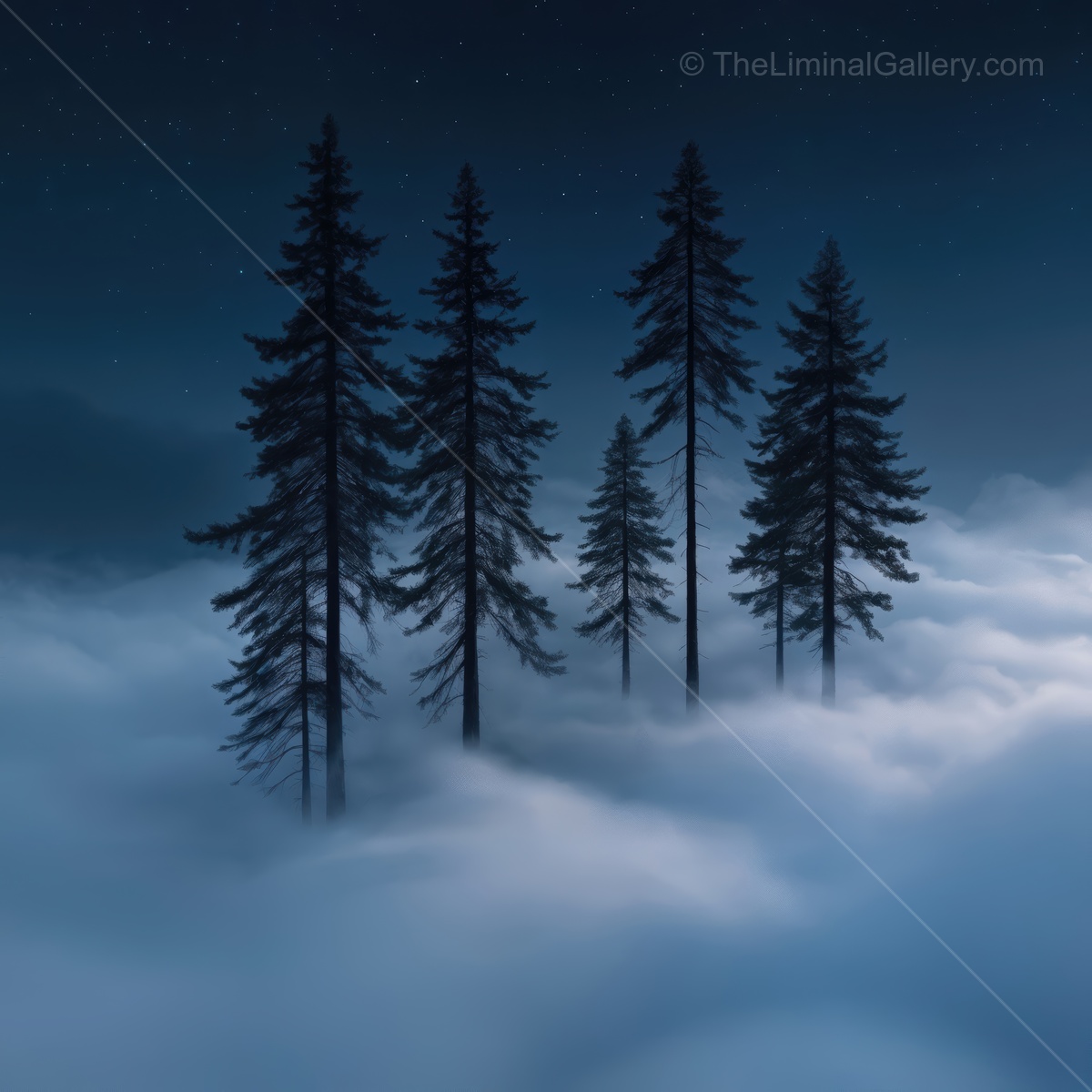 Ethereal pine trees rise above a sea of mist under a starlit sky in a surreal liminal moment