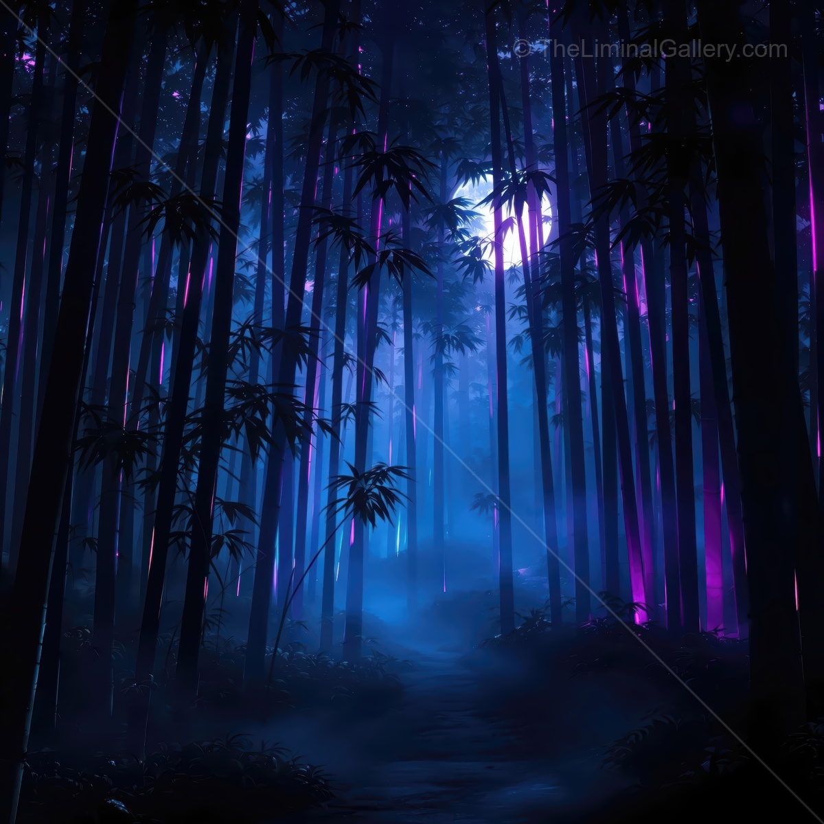 Enchanting twilight in a mystical bamboo forest, where colors dance in harmony with shadows and whispers of nature surround