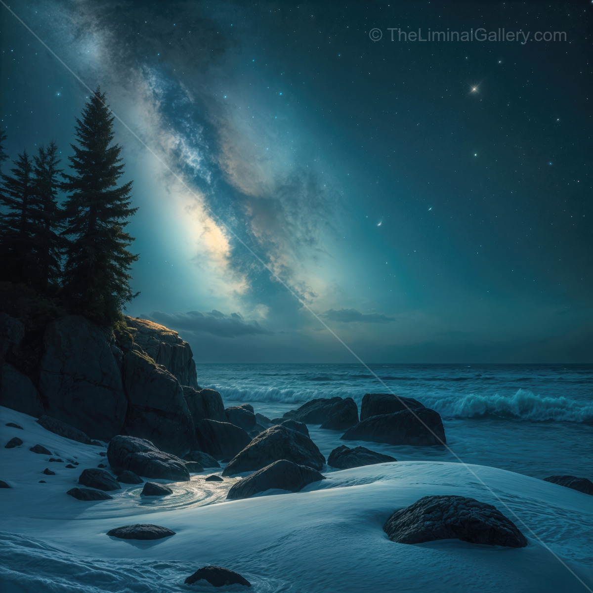 Enchanting twilight at the rocky beach beneath the starry cosmos