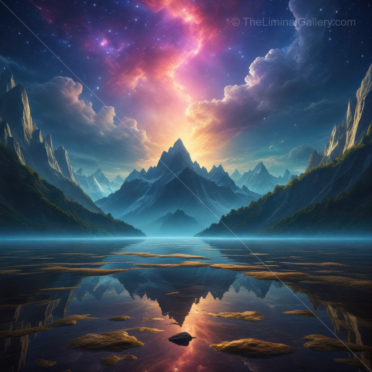 Serenity of twilight in a magical mountain landscape with radiant skies over a tranquil lake