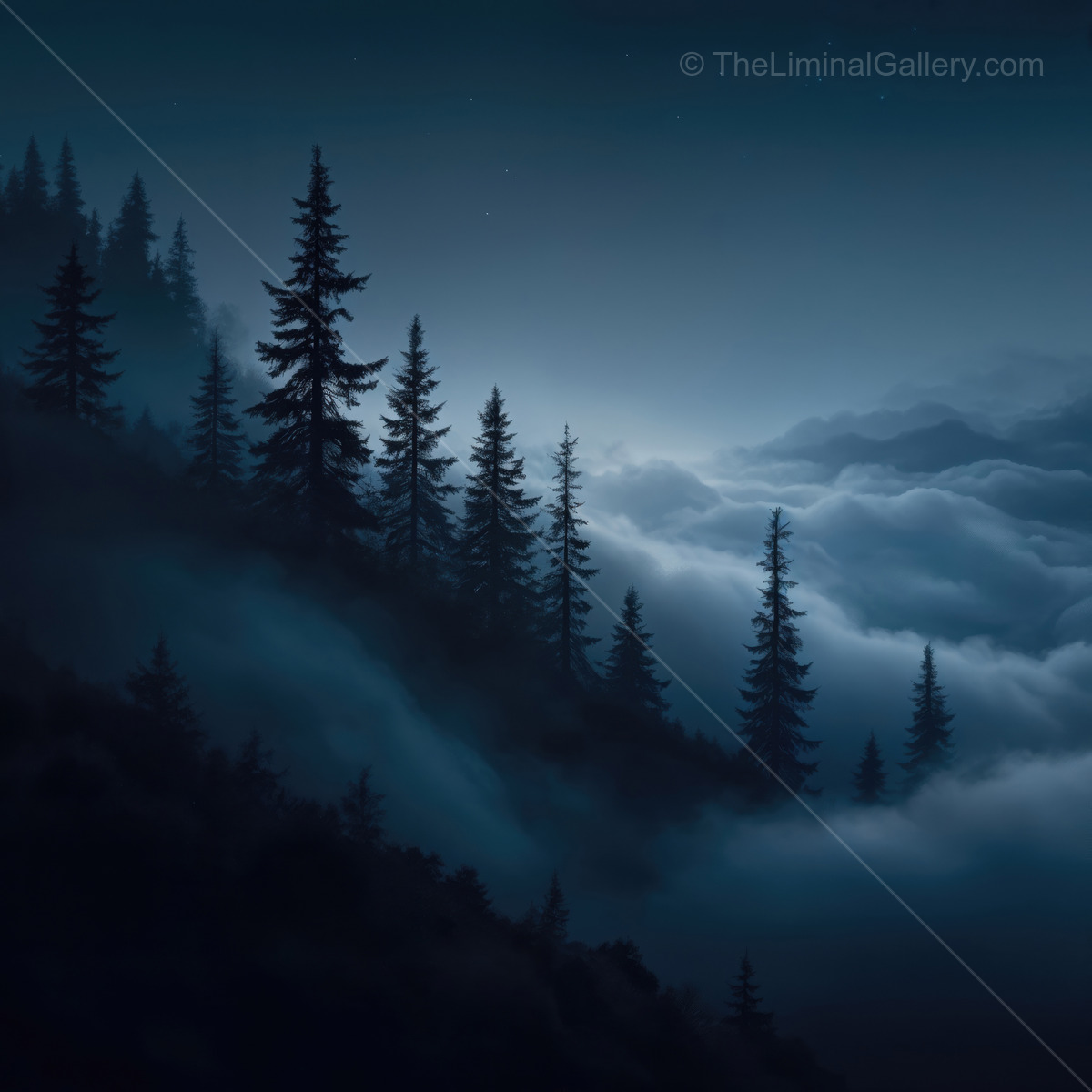 Eerie tranquility of mist-shrouded pine trees at twilight in a liminal forest landscape