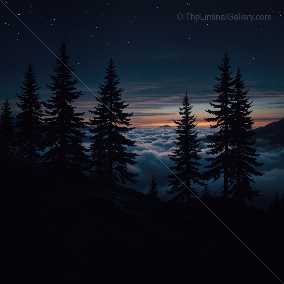 Mist hangs low among towering pines as twilight gently drapes the landscape below