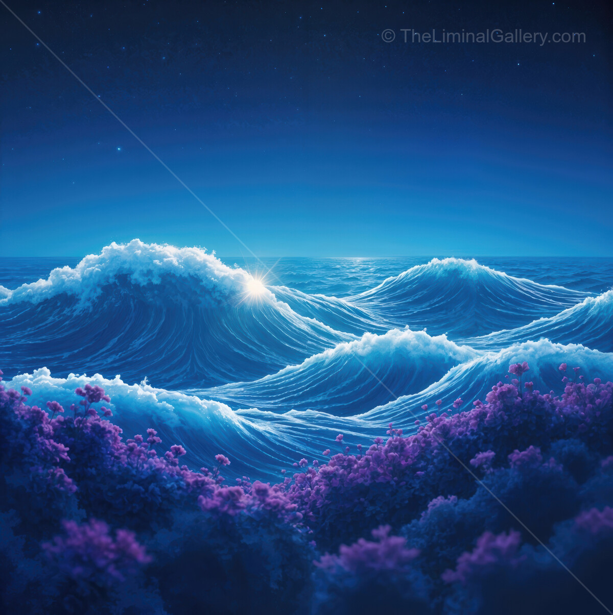 Waves at twilight reflecting liminal beauty under a starlit sky