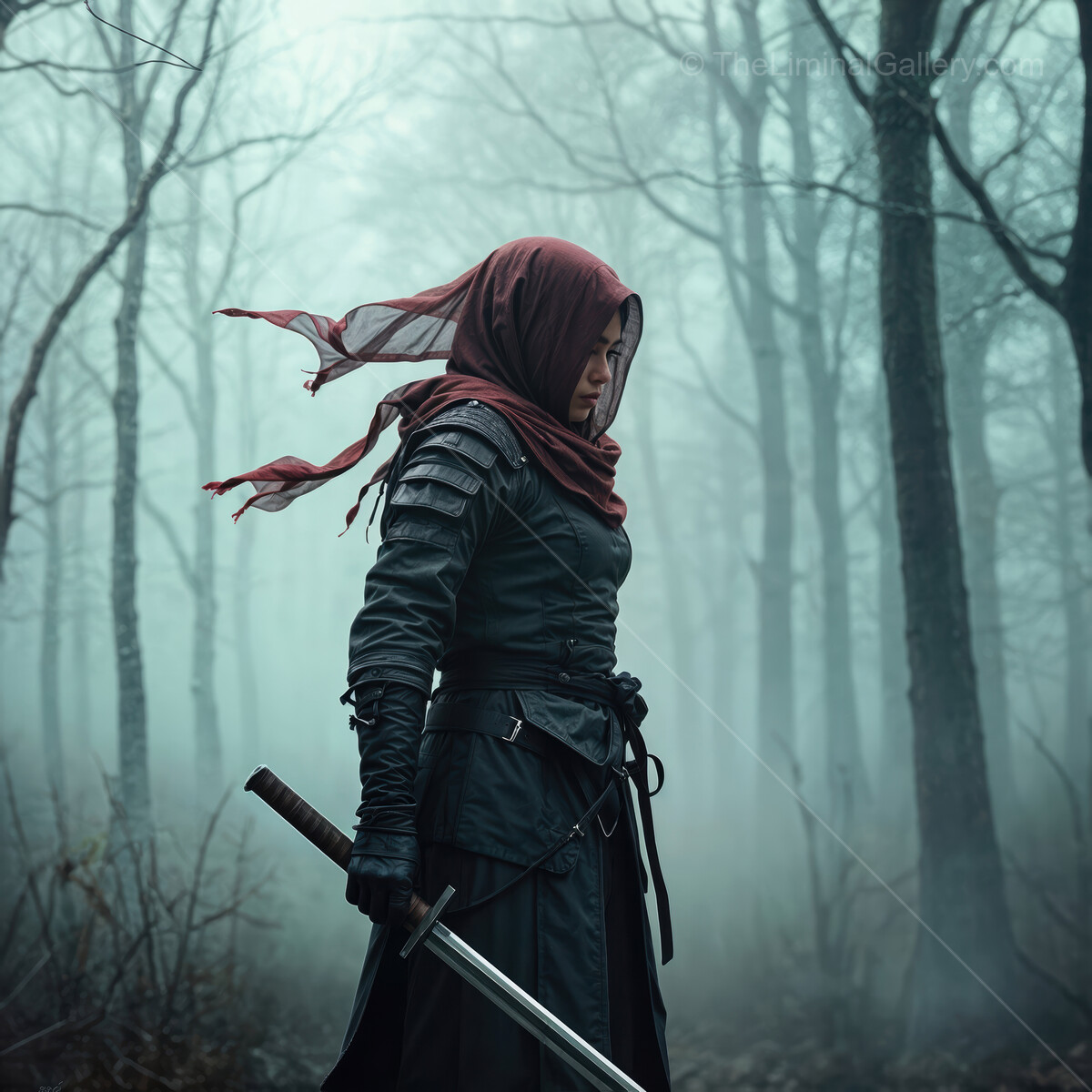 Asian assassin in a misty forest at dawn, preparing for an unseen journey