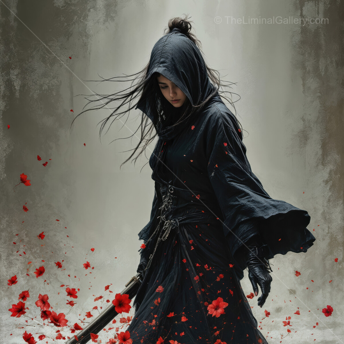 Asian female assassin in black cloak surrounded by red flower petals in an ethereal setting
