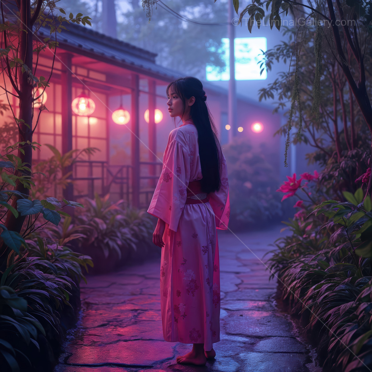 Mystical evening stroll in a serene Eastern garden under glowing lanterns