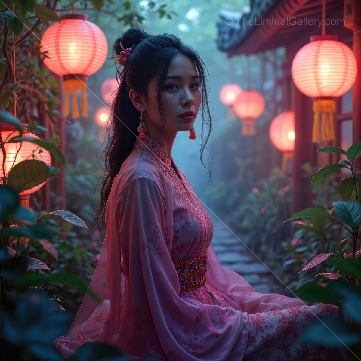 Young woman in Asian traditional attire surrounded by glowing lanterns in a serene Eastern garden at dusk