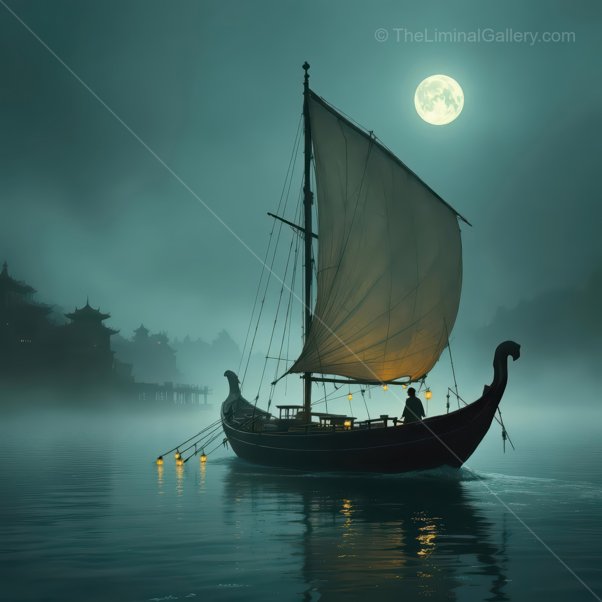 Nighttime voyage on a serene Asian lake under a full moon with a traditional Eastern sailboat softly glowing