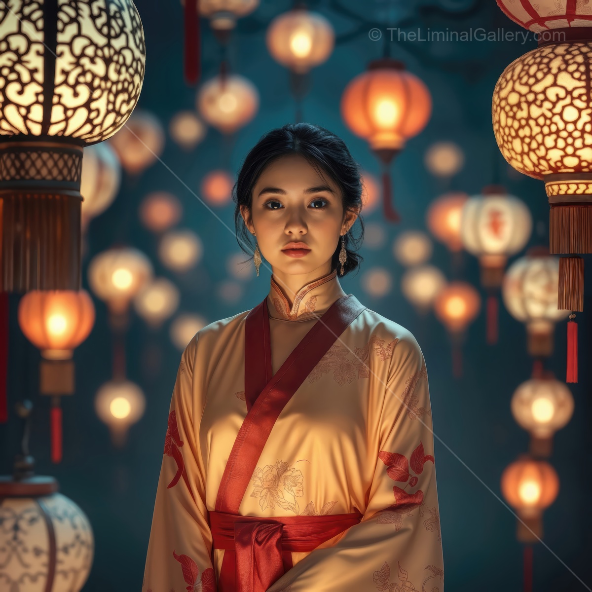 Elegant Asian woman in traditional attire surrounded by glowing lanterns during a festive Eastern evening