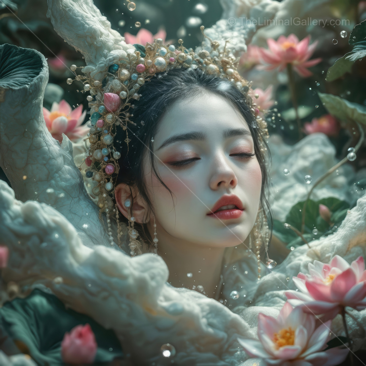 Serenity blooms as an Asian woman immersed in a sea of lotus flowers embraces nature's tranquility in a magical Eastern garden