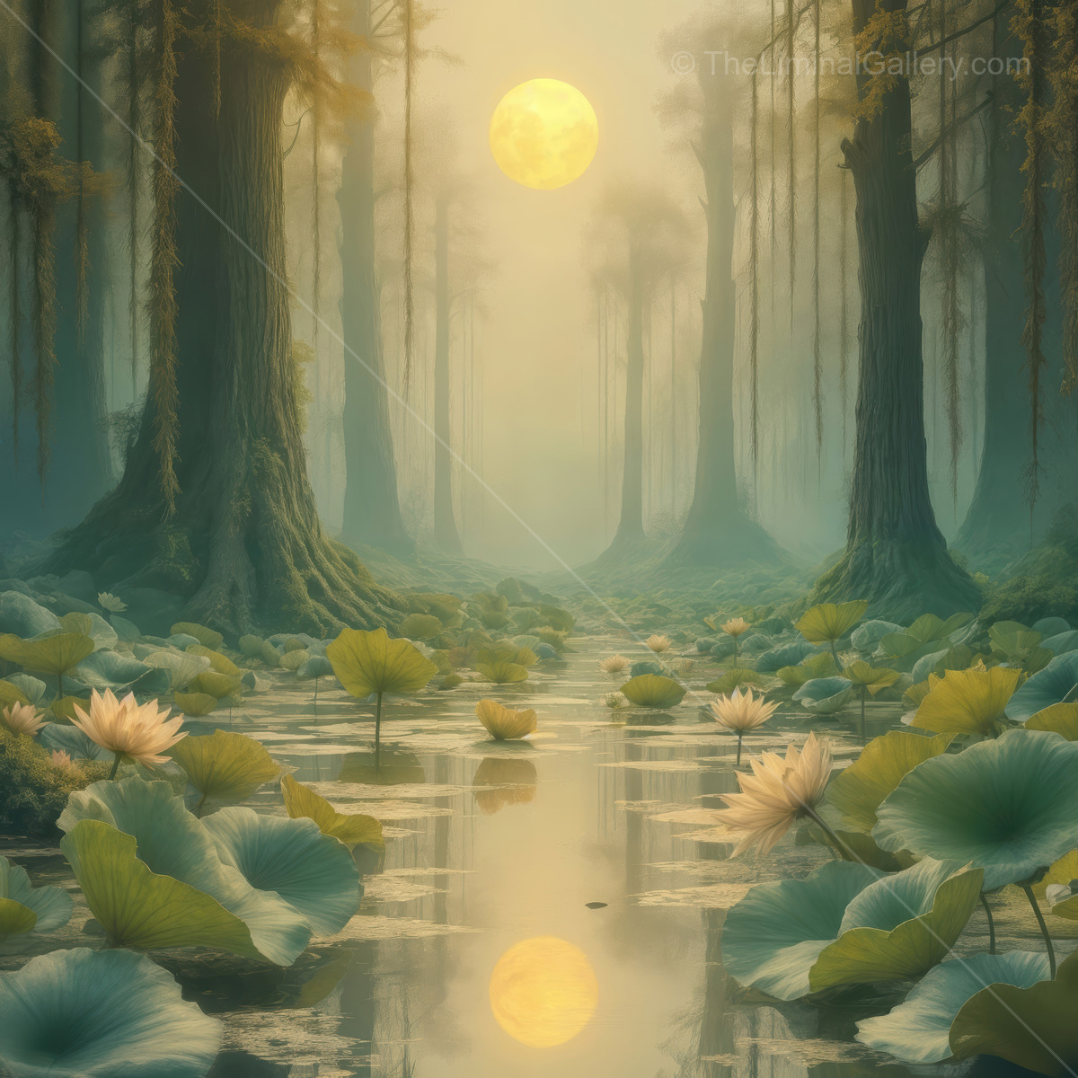 Serene Asian lotus pond at dusk with golden sun illuminating a tranquil Eastern forest setting