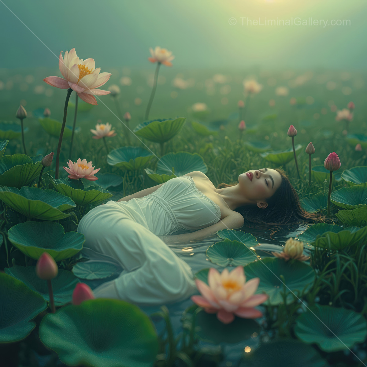 Serenity in nature during golden hour with an Asian woman resting among blooming lotus flowers in a tranquil Eastern pond
