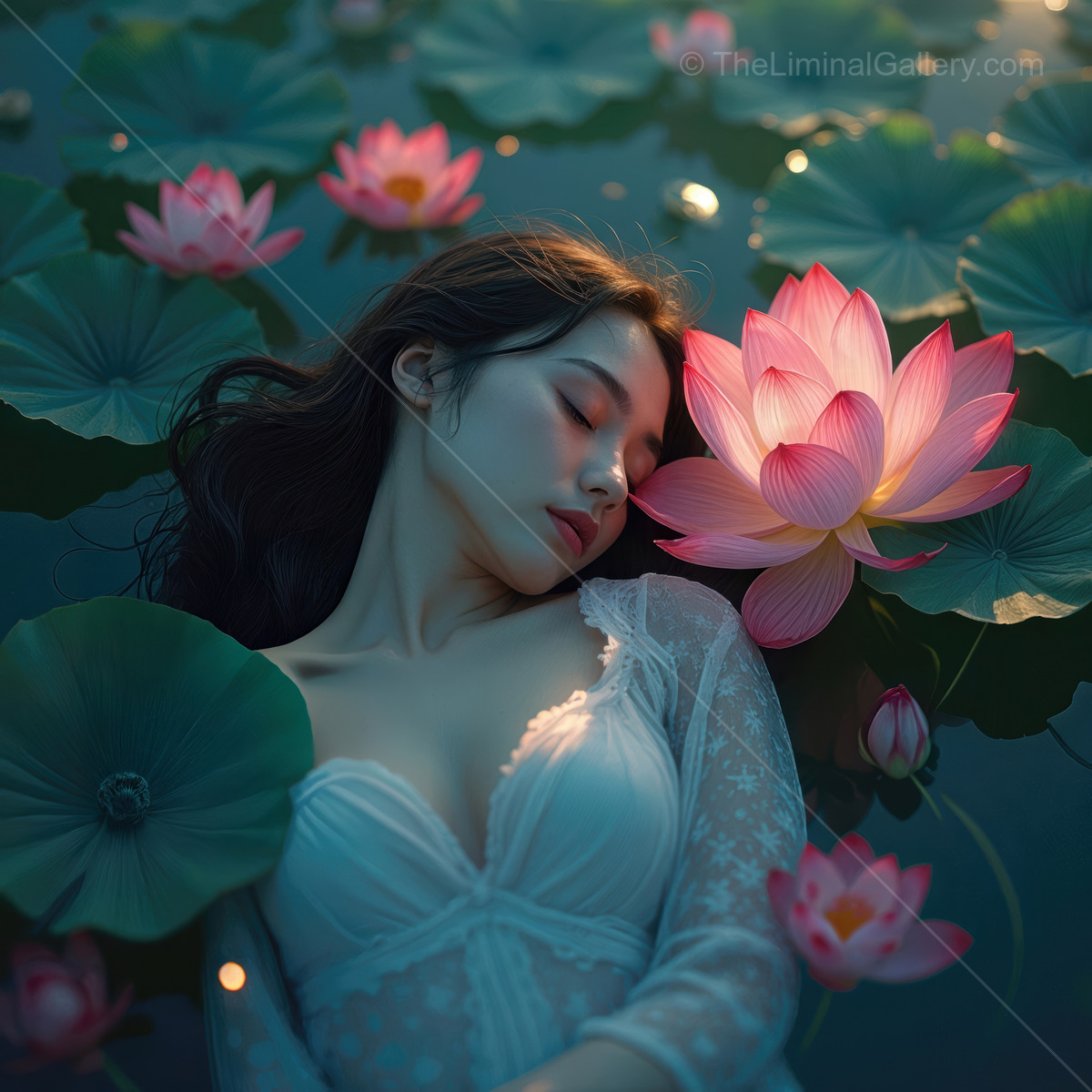 Serene Asian beauty resting among blossoms in a tranquil pond at Eastern twilight