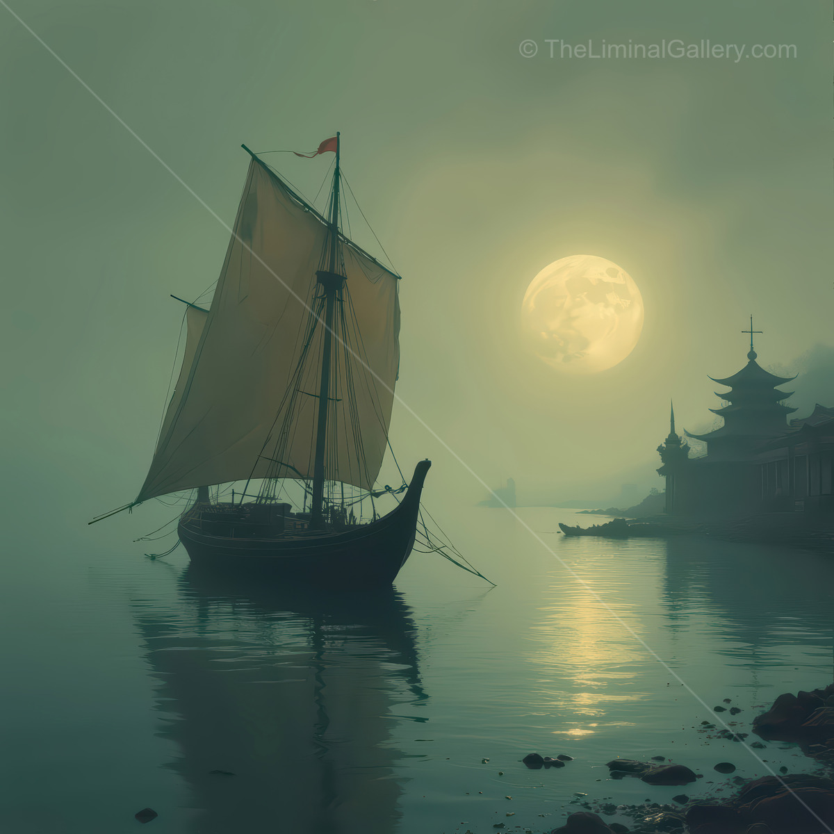 Serene moonlit night on tranquil Asian waters with a sailboat and distant Eastern pagoda
