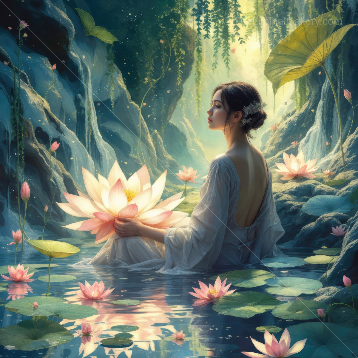 Serenity in a hidden Eastern oasis as an Asian woman embraces the beauty of lotus flowers during a tranquil moment in nature