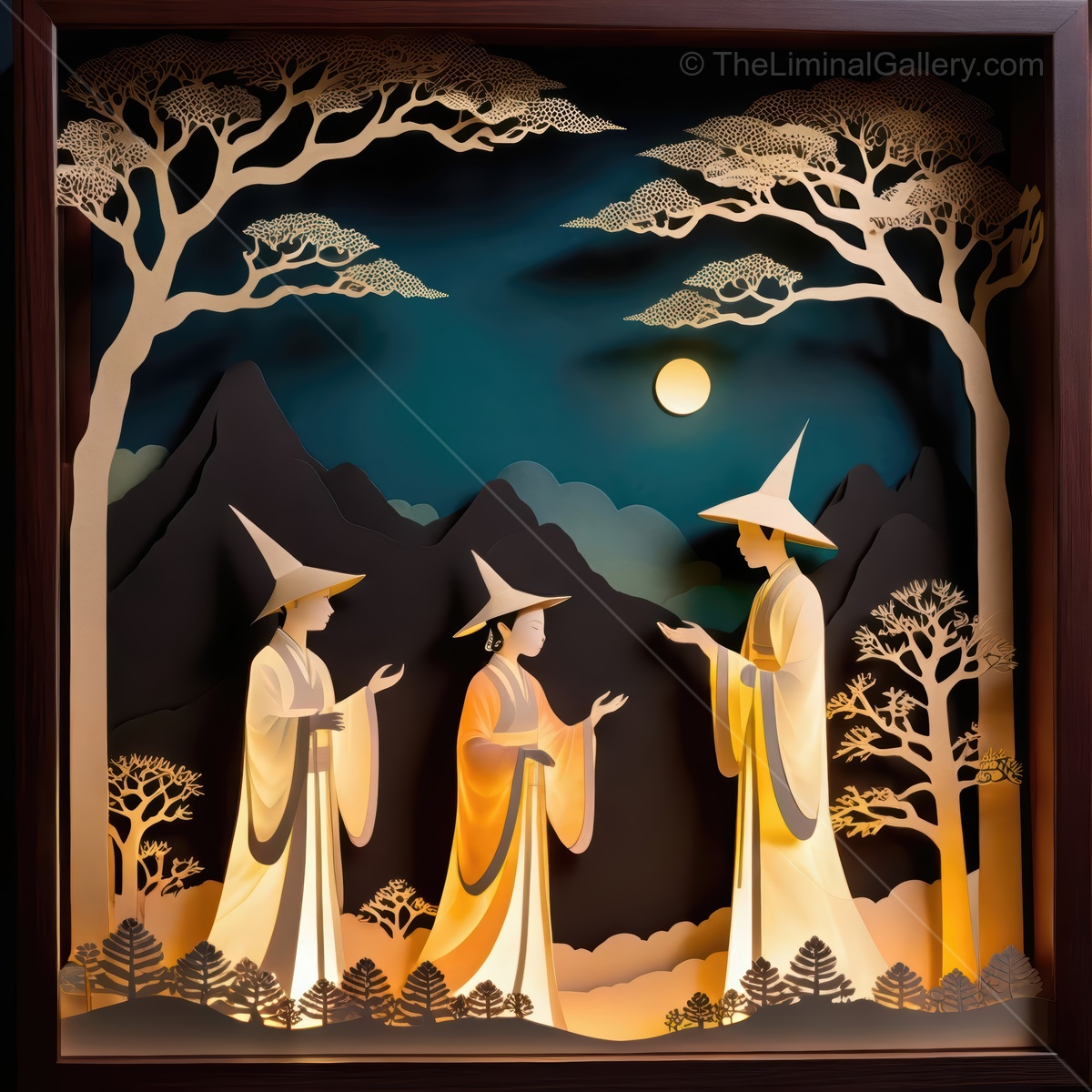 Elegant Eastern paper art depicting three figures in traditional attire conversing under a bright moon surrounded by serene Asian mountains and trees