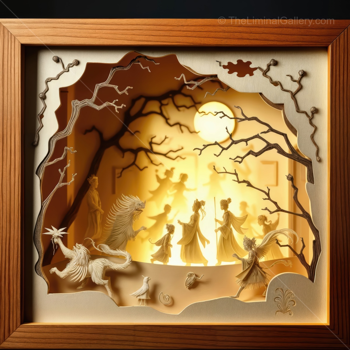 Intricate Eastern paper art depicting a whimsical night celebration with dancers and mystic creatures under a full moon