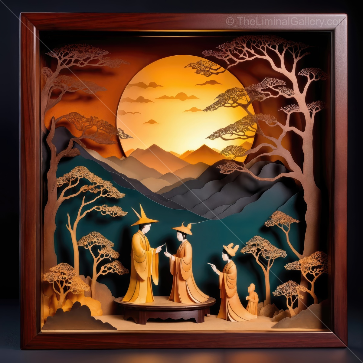 Craftsmanship shines in a serene Eastern paper art landscape featuring figures under a glowing Asian sunset