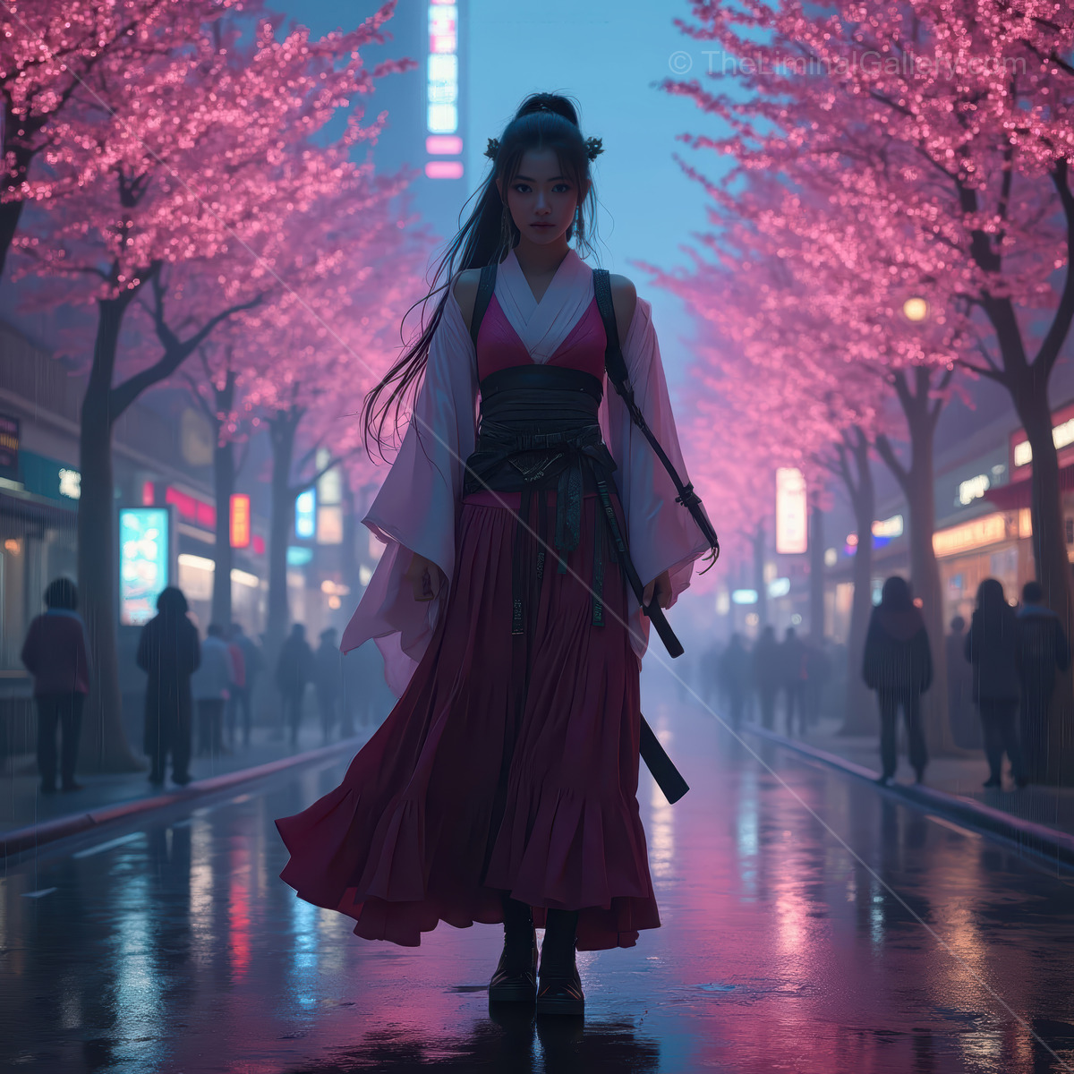 Enchanting Asian samurai warrior walks through cherry blossom street at night