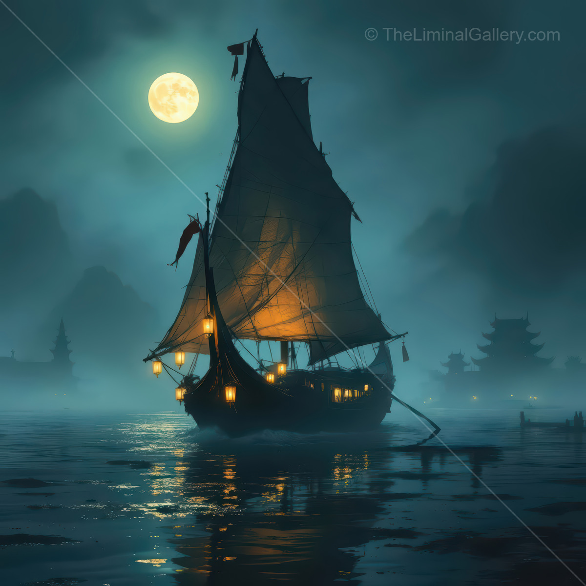 Moonlit journey across the misty waters with a traditional Asian sailing ship at night in an Eastern landscape