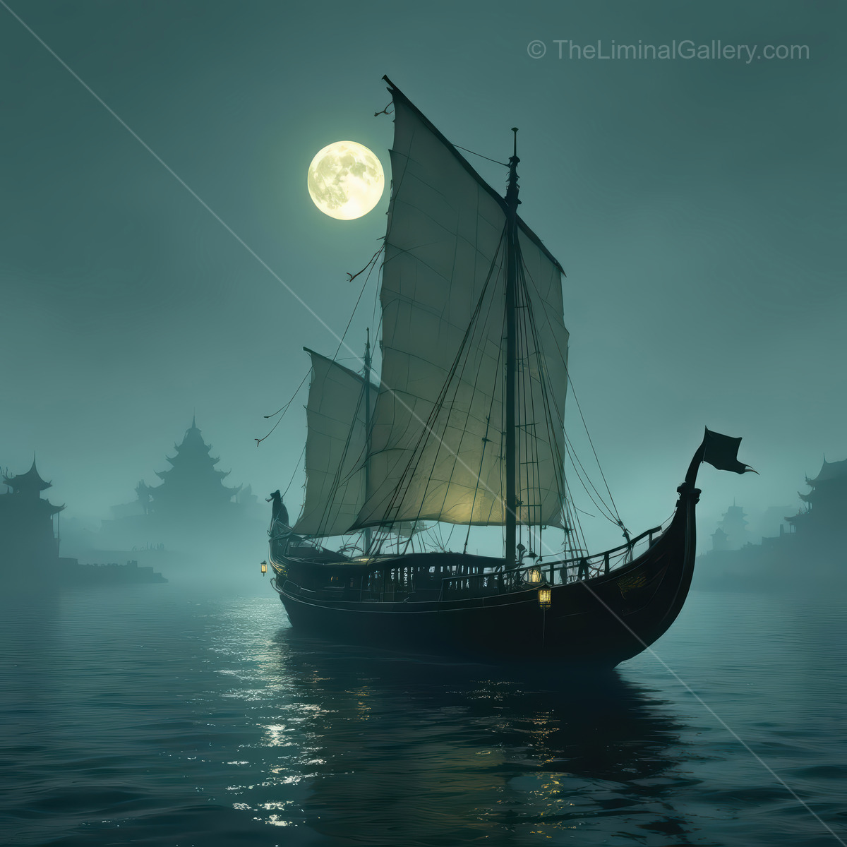 Mysterious Eastern sailing vessel gliding through foggy waters under the full Asian moon