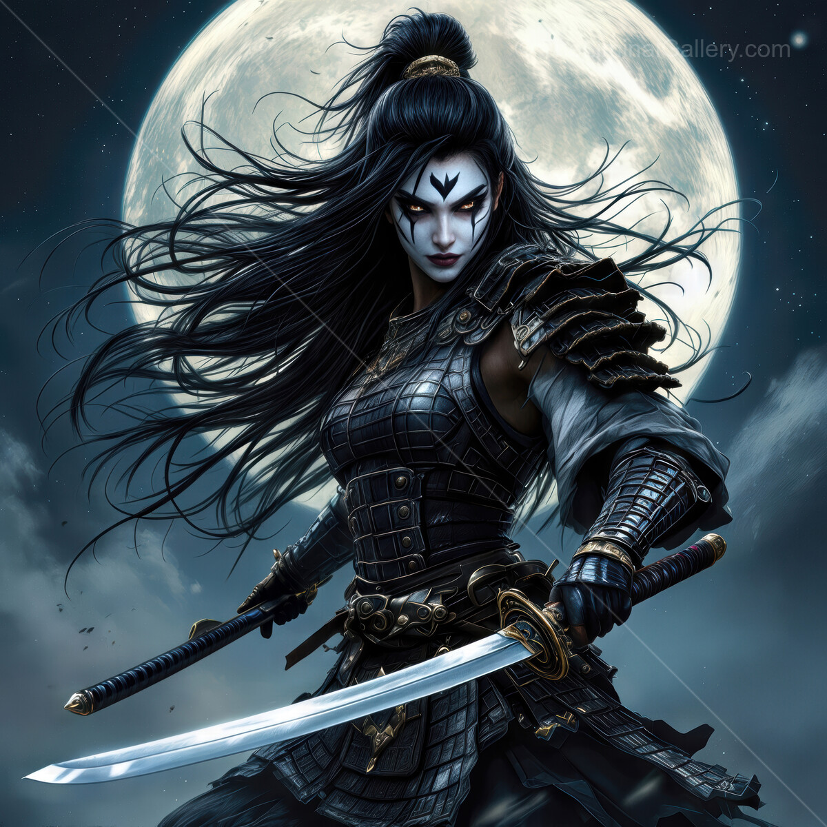 Asian warrior in moonlight stands fierce and ready with sword drawn in a dark, mystical landscape