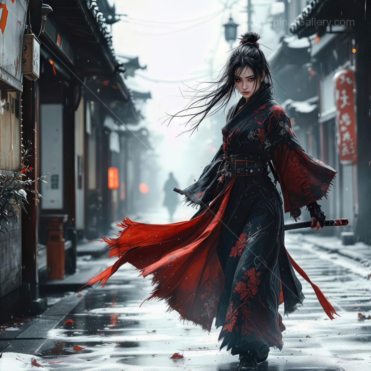 Asian warrior in a flowing red cloak navigates a tranquil street in an ancient village during a misty evening