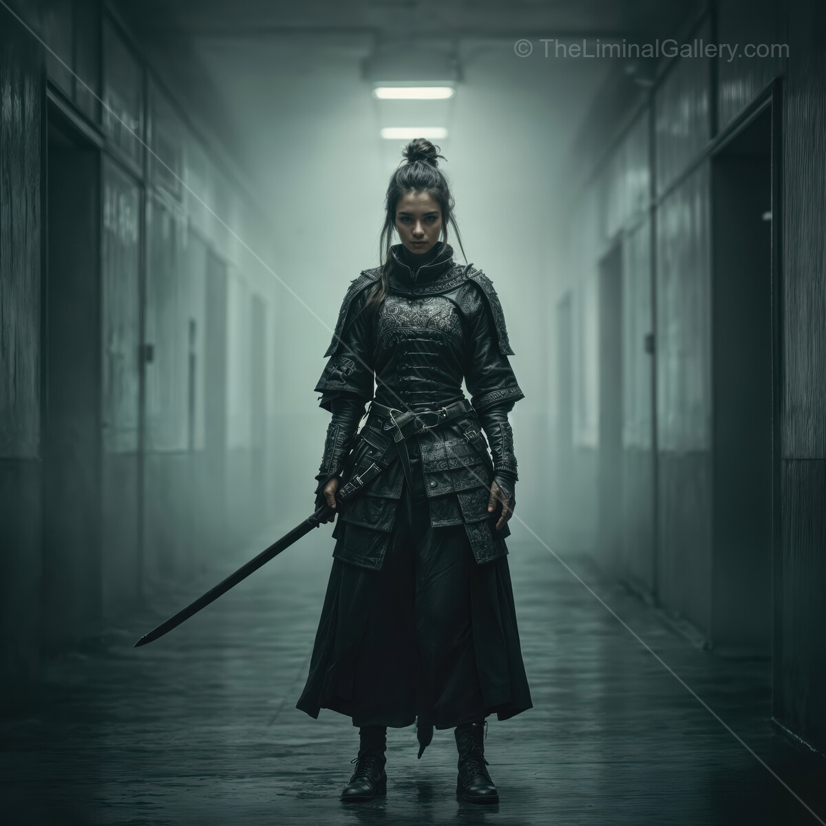 Asian warrior stands resolute in a dimly lit corridor, ready for a fierce battle at dusk