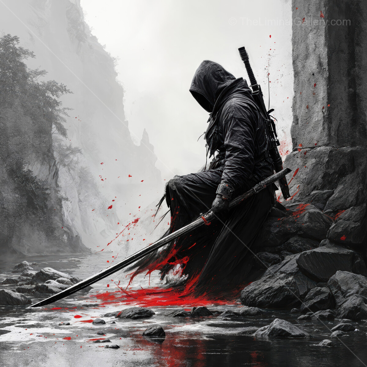 Assassin in dark attire rests by the riverbank, reflecting on past battles in a misty landscape