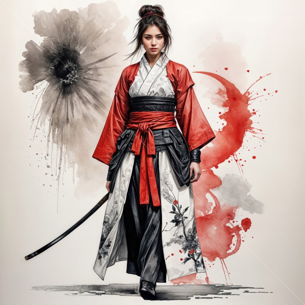 Beautiful warrior with a katana in a traditional kimono surrounded by artistic splashes of red and black