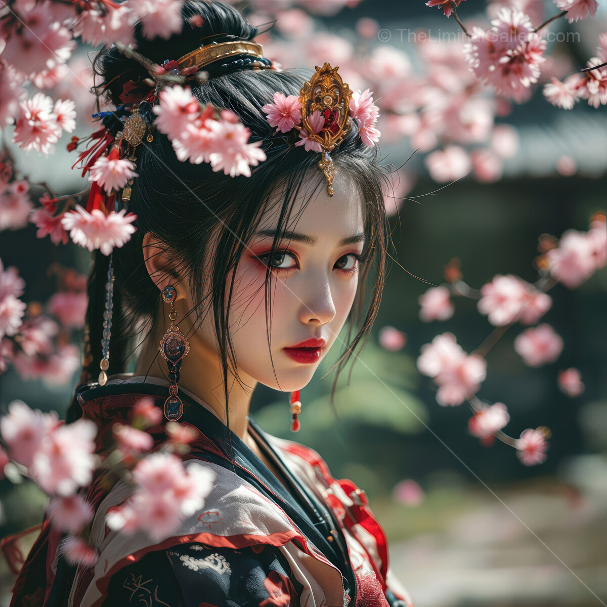 Beauty amidst cherry blossoms captures the essence of spring in a tranquil garden