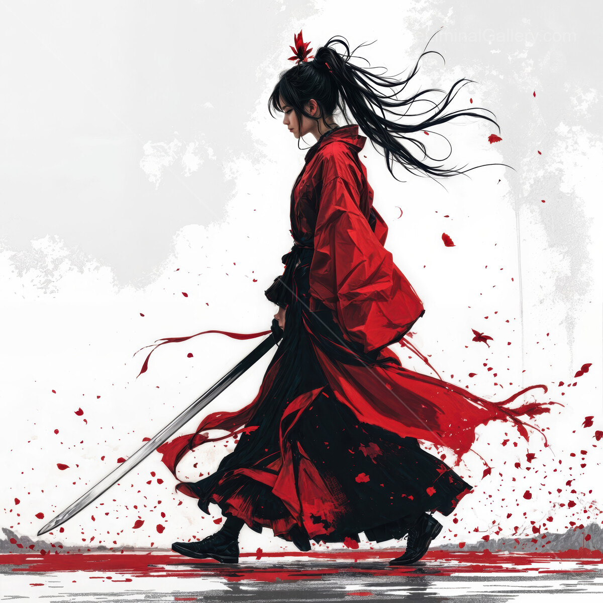 Bold Asian female warrior strides through crimson petals in an enchanting setting at dusk