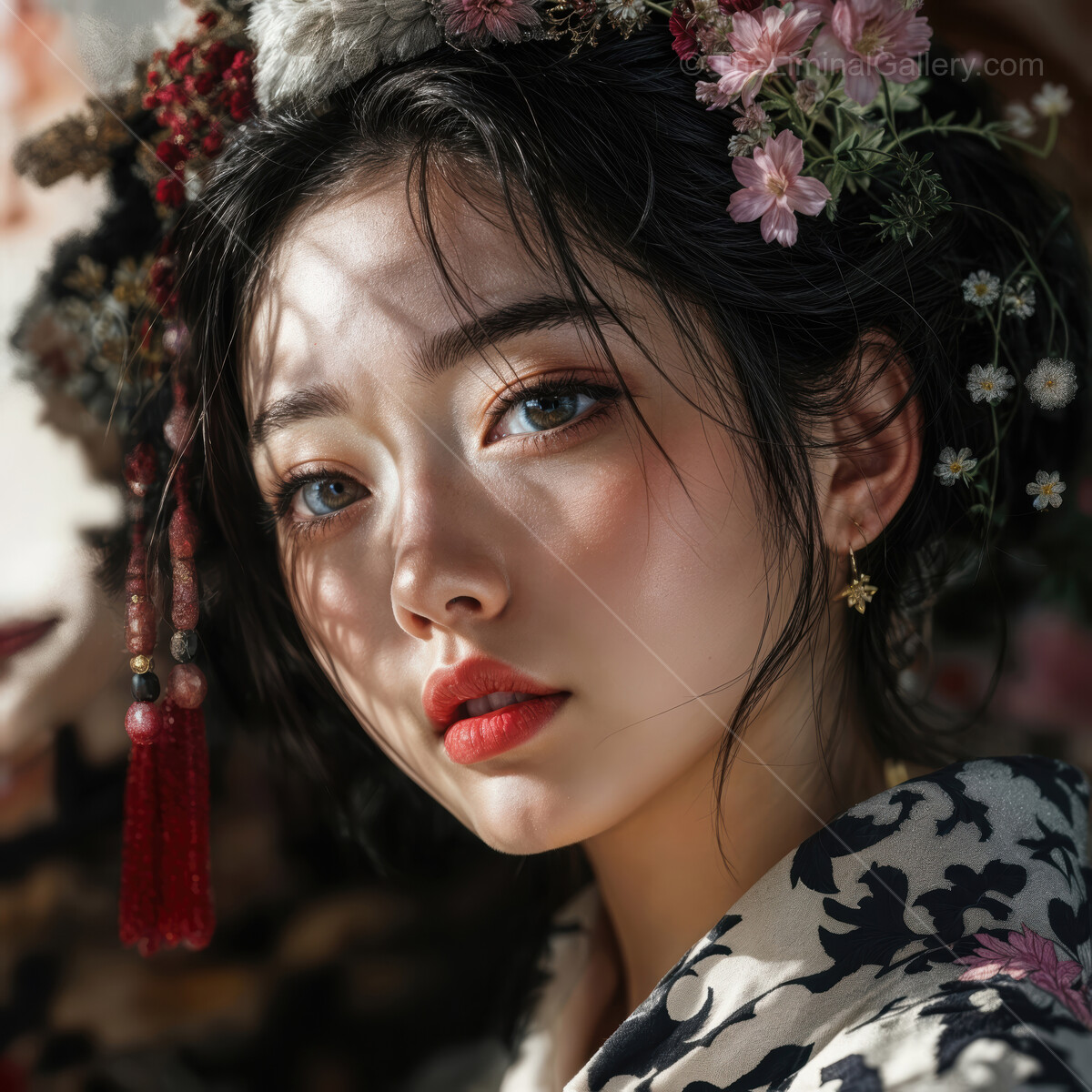 Captivating beauty illuminated by soft shadows and delicate floral elements at golden hour