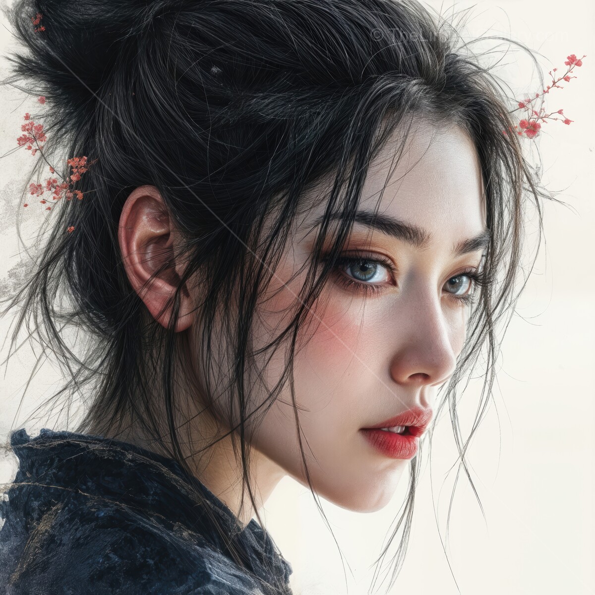 Captivating portrait of a young woman with delicate features and floral hair accessories in a serene, artistic setting