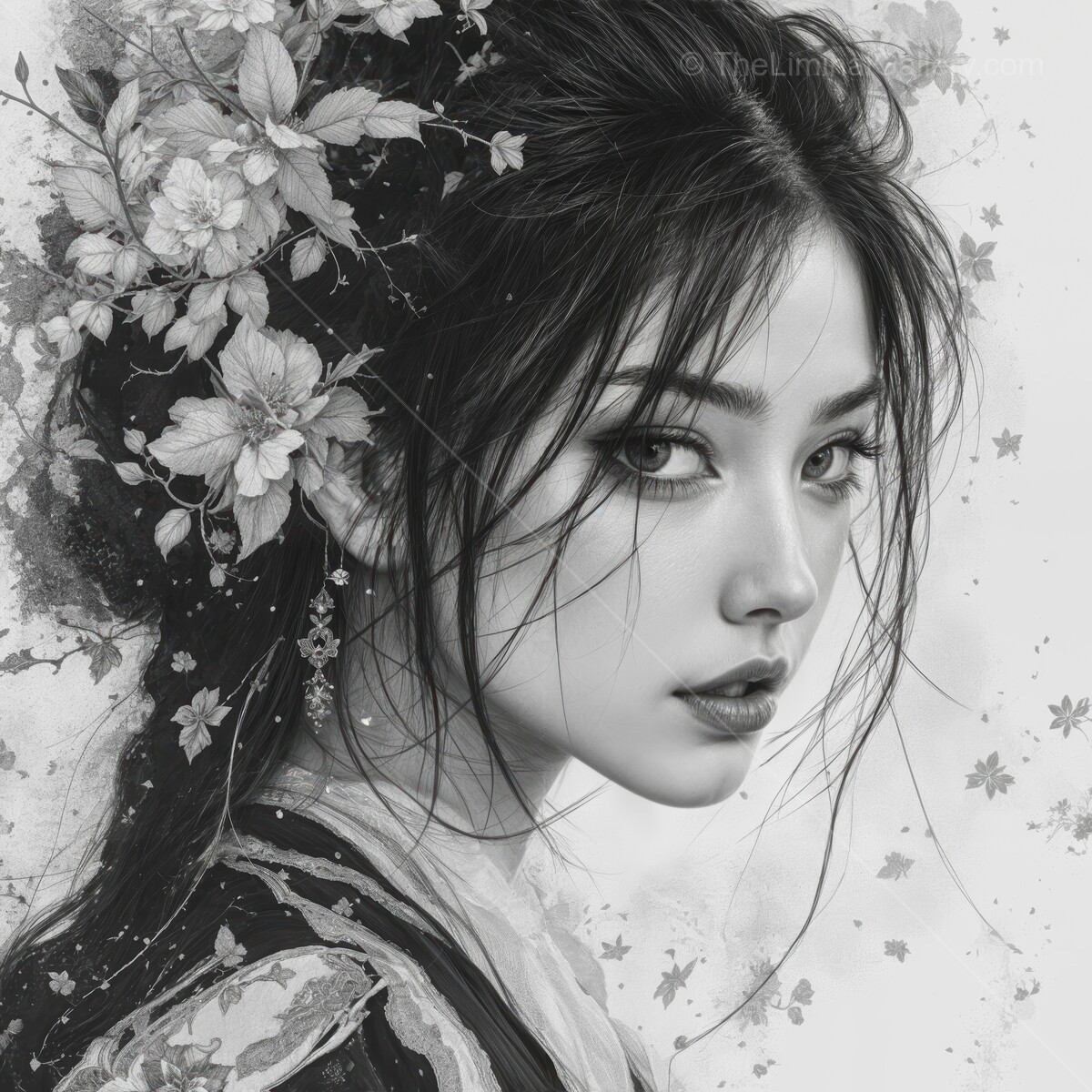 Captivating portrait of a young woman adorned with flowers amidst delicate artistic details in a monochrome setting