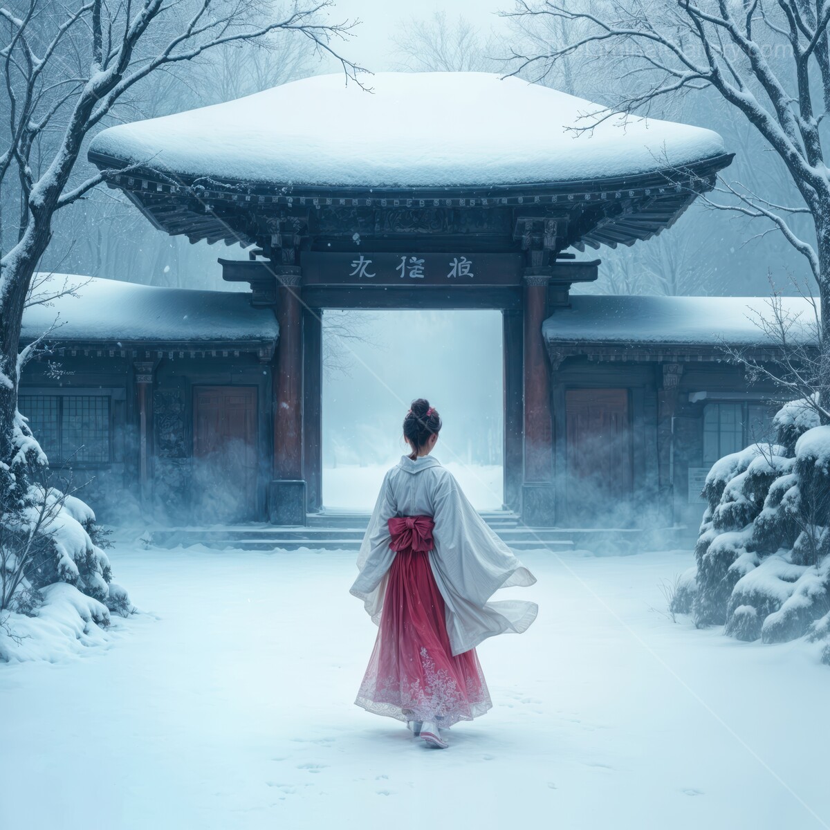 Captivating winter journey of a Japanese court lady in traditional attire approaching a serene snow-covered temple in a mystical landscape