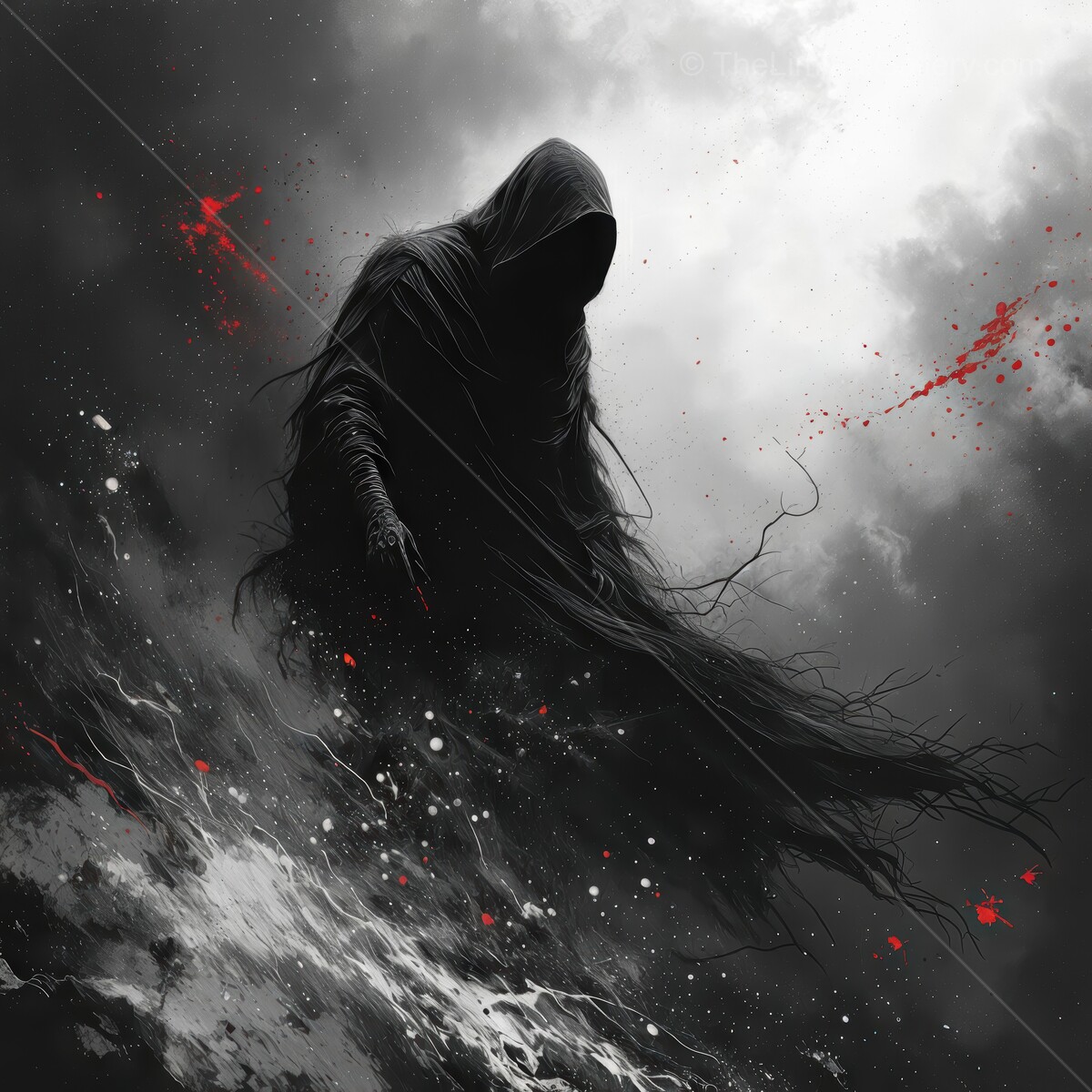Dark figure rises from the abyss, shrouded in mystery and surrounded by swirling shadows and splashes of crimson