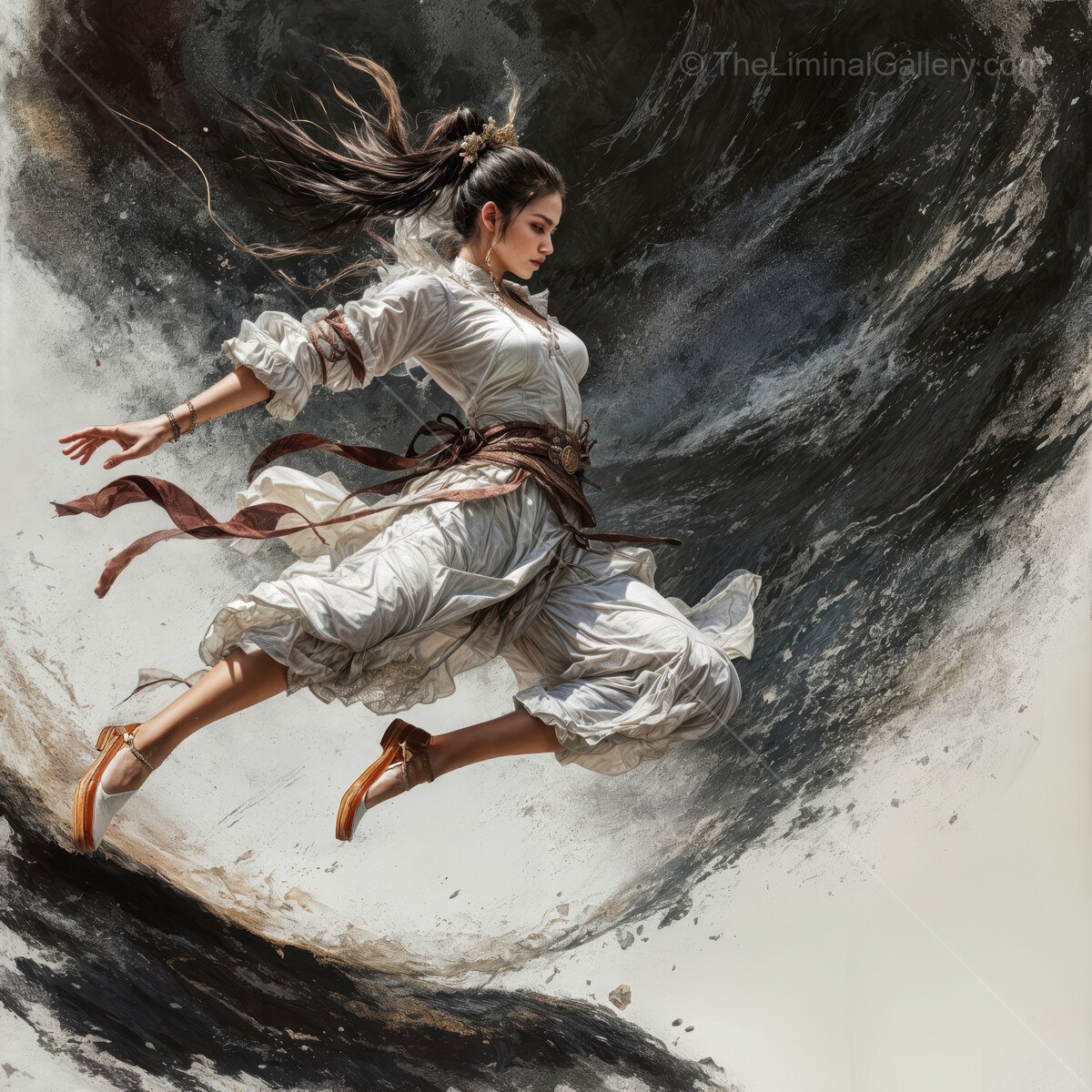 Dynamic monk leaps gracefully amidst a swirling whirlwind of stormy elements