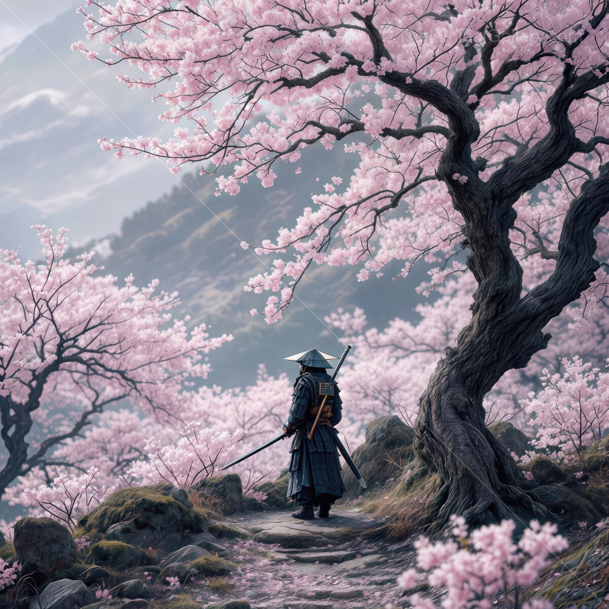 Eastern warrior in a blooming landscape walks through cherry blossoms in serene contemplation