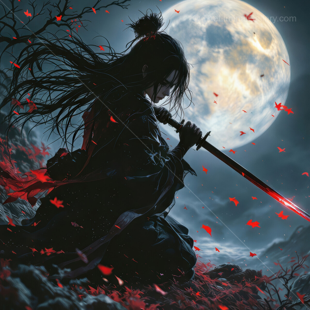 Eastern warrior reflecting on destiny under a glowing moon amidst crimson leaves