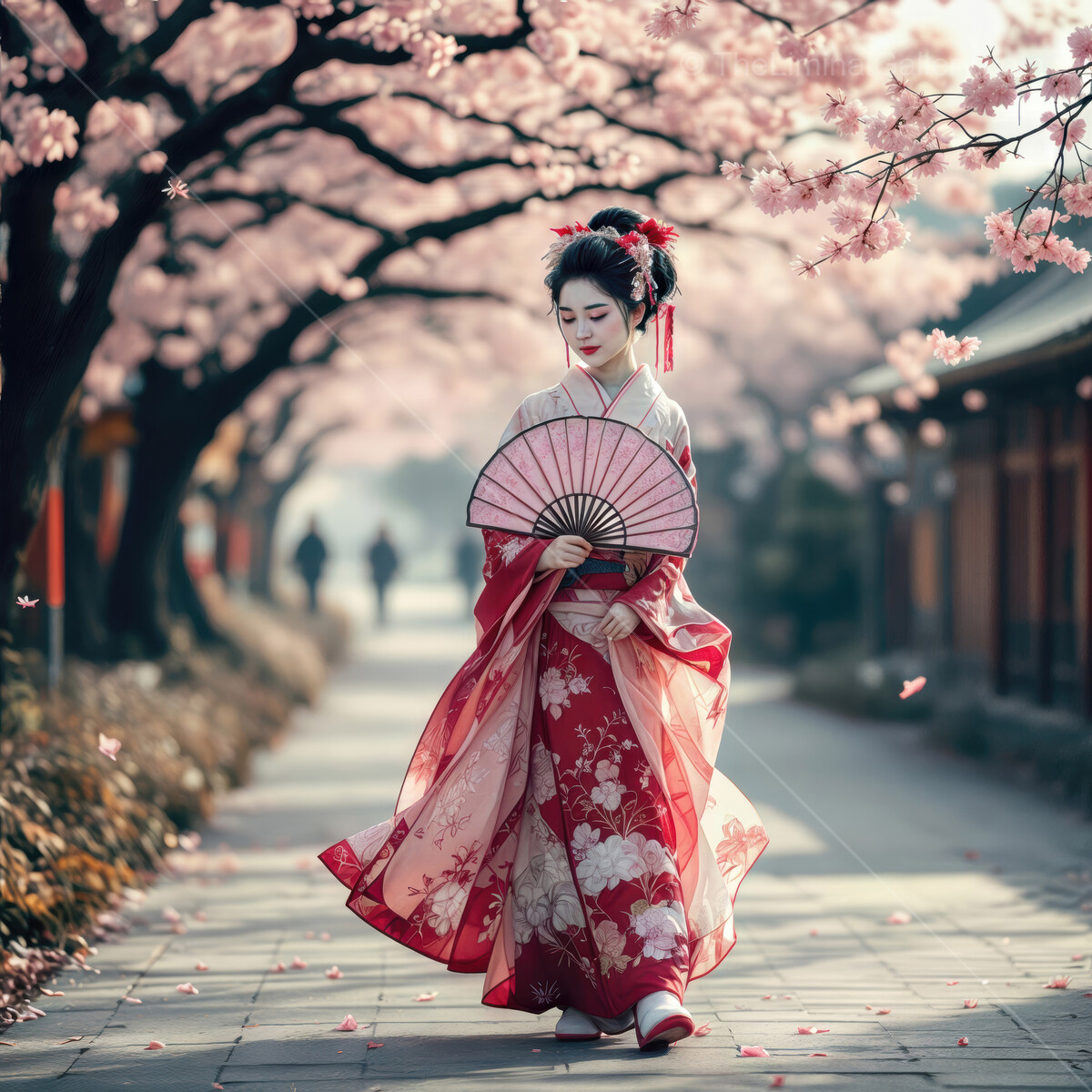 Elegance in motion beneath cherry blossoms in a peaceful Japanese garden setting