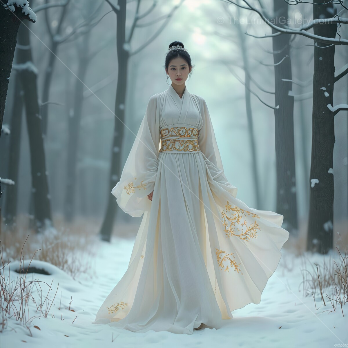Elegance in the snowy forest with a woman in a flowing white gown adorned with golden embroidery
