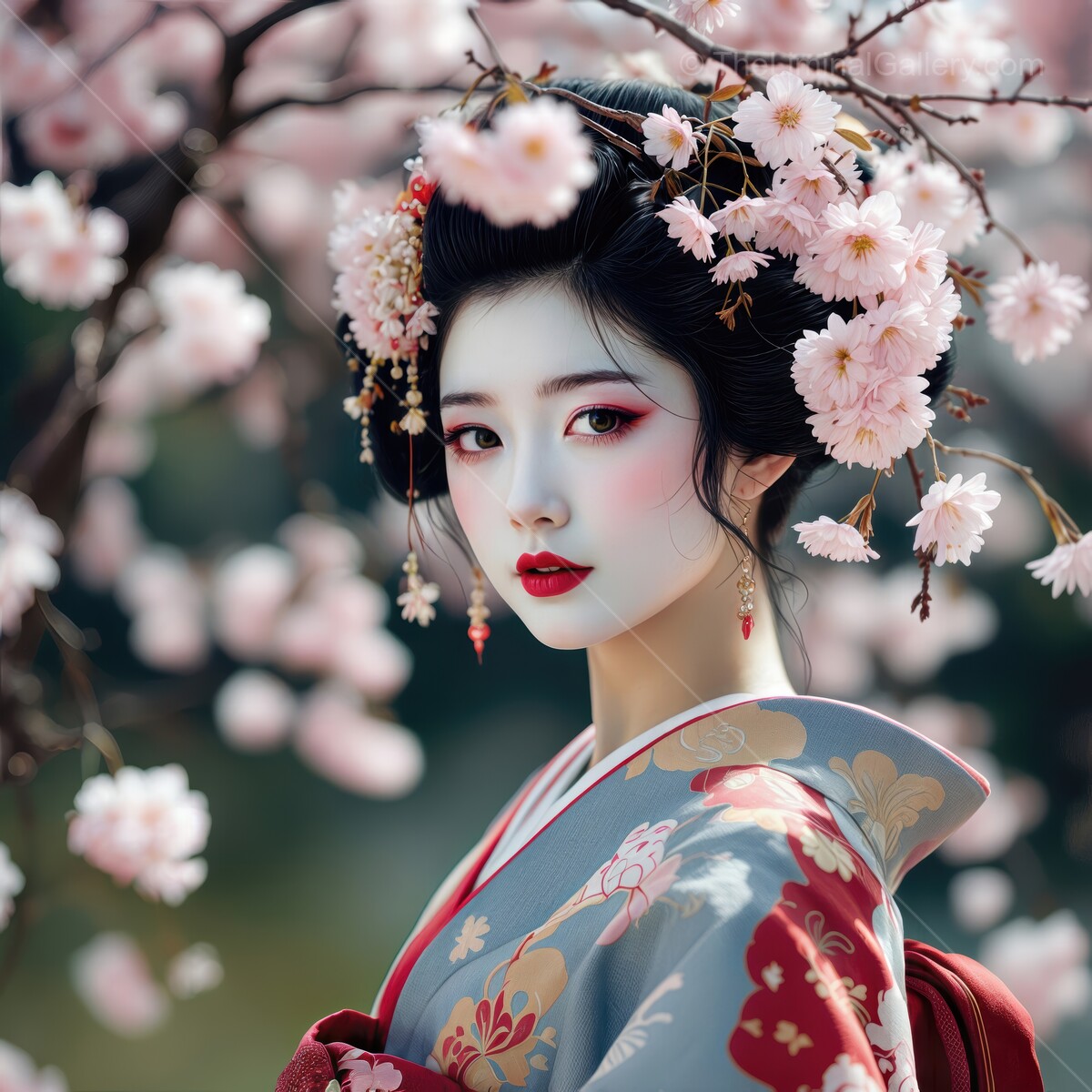 Elegance of spring blossoms envelops a captivating in a traditional kimono at a serene garden