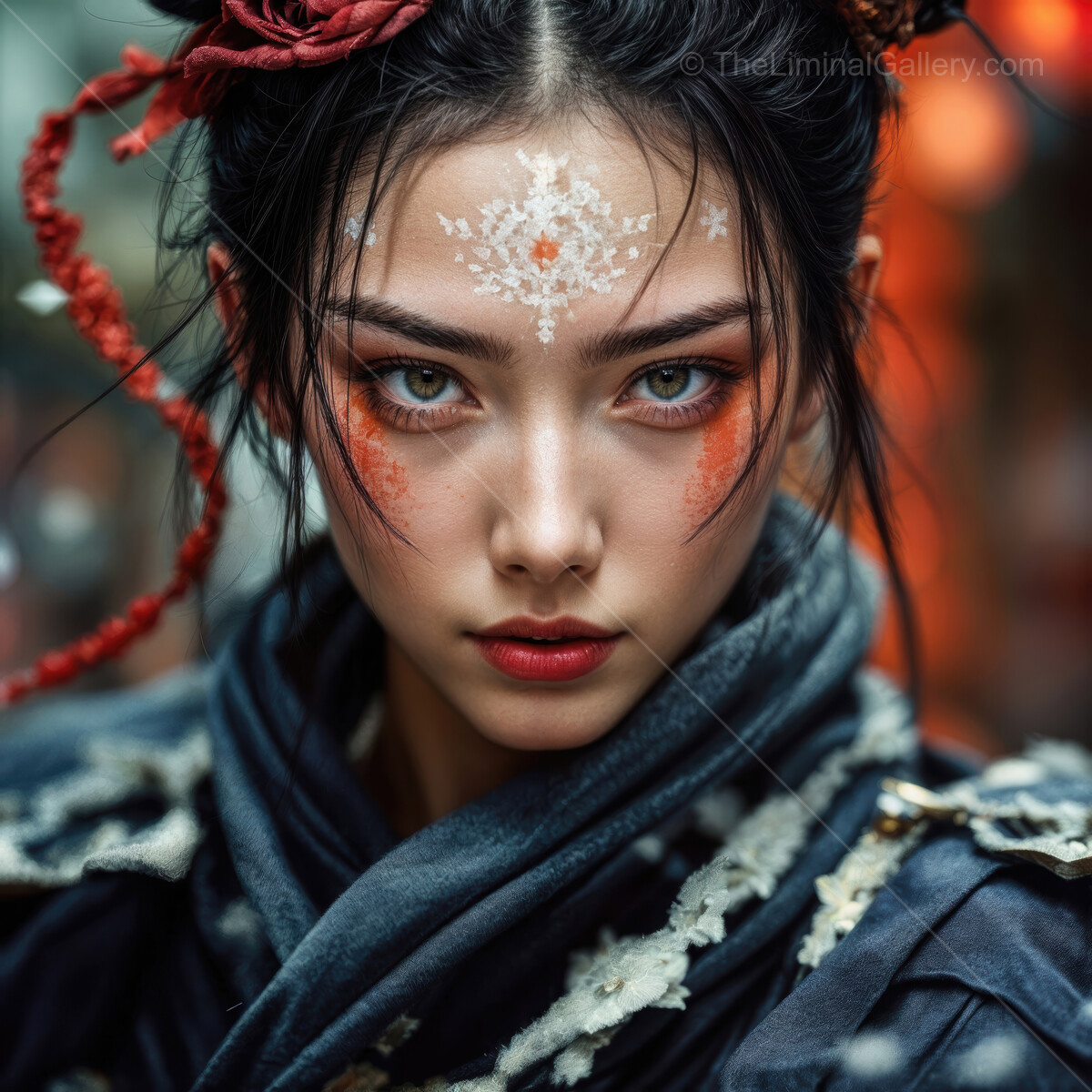 Elegant Asian warrior adorned with intricate makeup and striking attire in an enchanting ancient setting