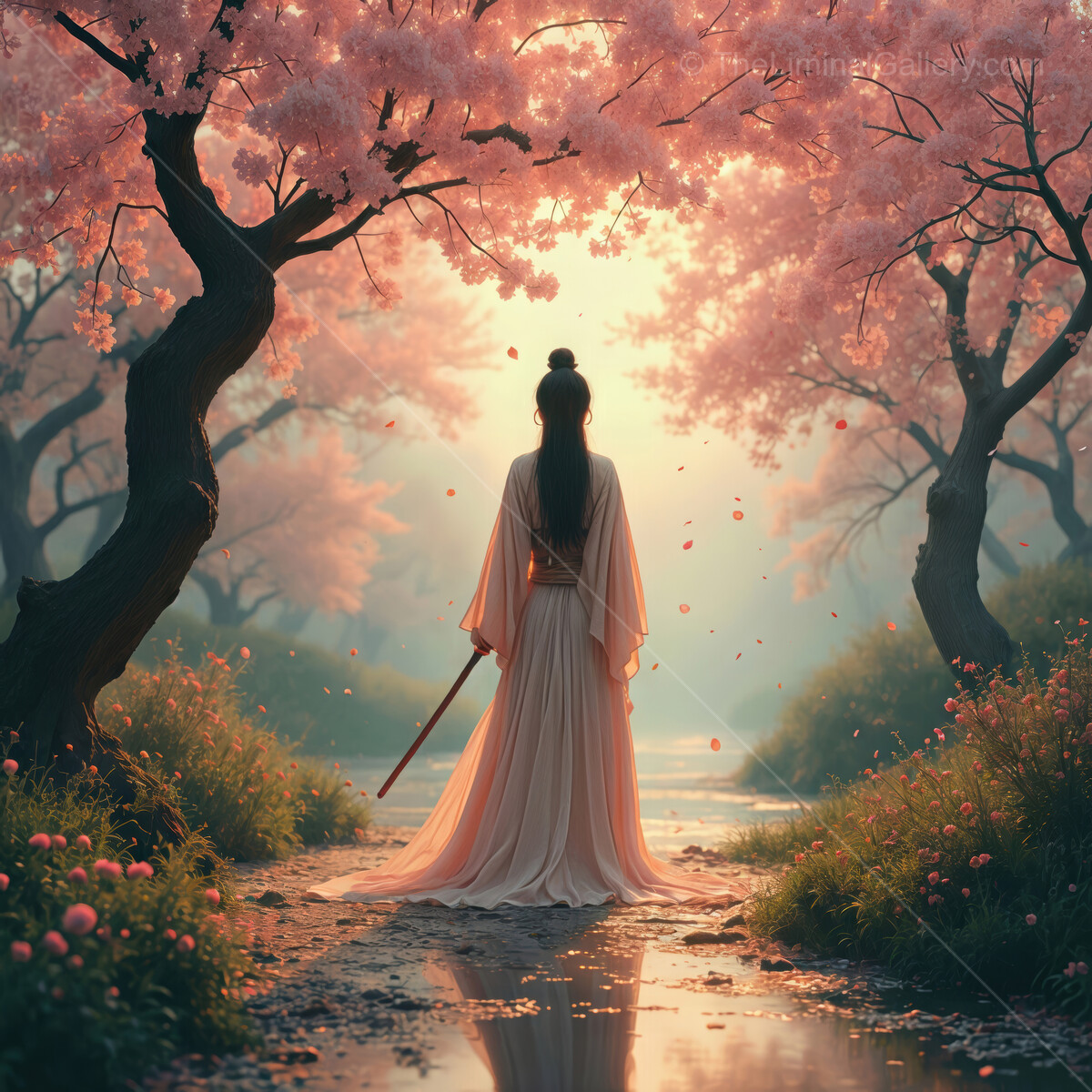Elegant figure in traditional attire walks through a serene cherry blossom pathway at dawn
