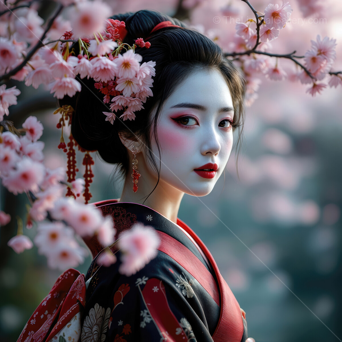 Elegant geisha in traditional attire among blossoming cherry trees on a serene spring day