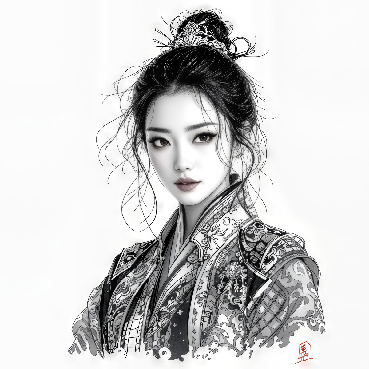 Elegant portrayal of a historical Japanese court lady in intricate traditional attire with a hint of modern artistry